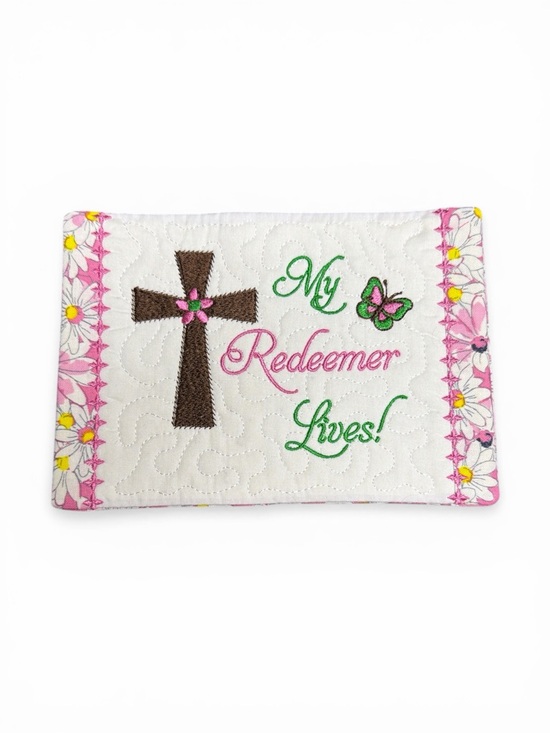 Hand Crafted Other - Hand Crafted Mug Rug Coaster Embroidered Cotton My Redeemer Lives Pink White